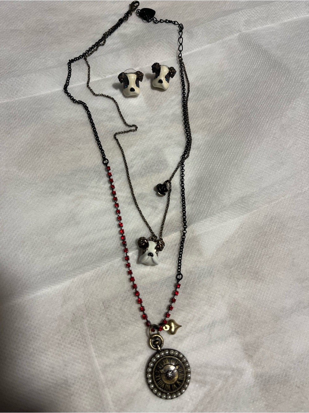 Betsey Johnson Black, White & Red Layered Dog Pendant Necklace Set